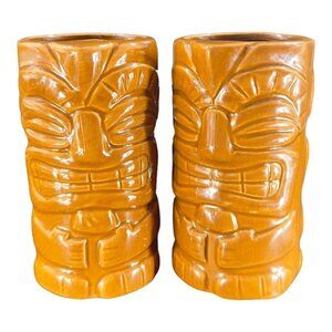 Ceramic Tiki Coffee Mug Cup Set 2 Whimsical Mugs Tiki God Face 5”Tall 2.5”Wide